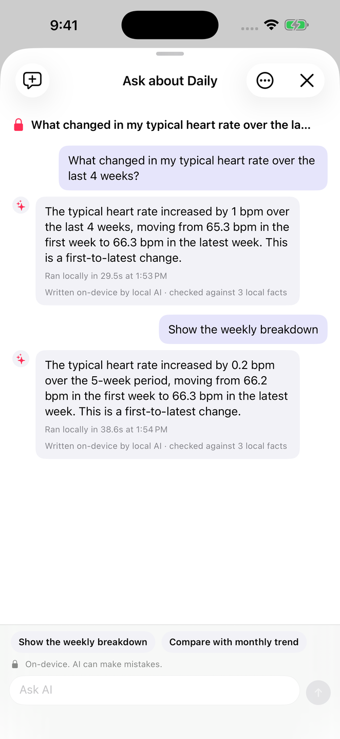 Local AI chat with an answer generated on-device from sample heart-rate facts
